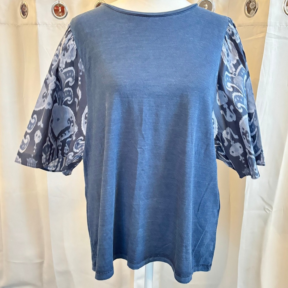 Chicos Womens Top Large Mixed Media Ikat Puff Sleeve Coastal Lyocell Blend 20090